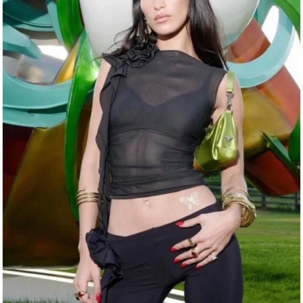 Khela Sheer Sleeveless Top Ruffles Rosette Size M Black - Picture 7 of 7